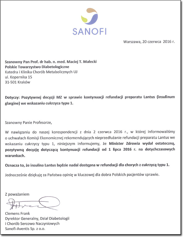 List, ktry otrzyma Prezes Polskiego Towarzystwa Diabetologicznego od dyrektora generalnego firmy Sanofi-Aventis Sp. z o.o.